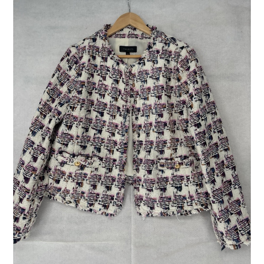 Talbots Collarless Tweed Jacket Womens Size 10 Cream/Pink/Blue Academia